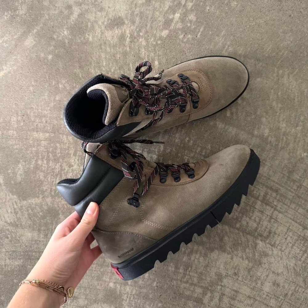 Sorel Tan and Black Combat Moto Boots with Rugged Design